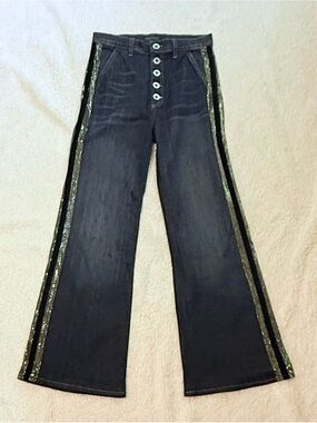 Ramy Brook Dark Denim Wide Leg Jeans with Gold and Black Side Stripes
